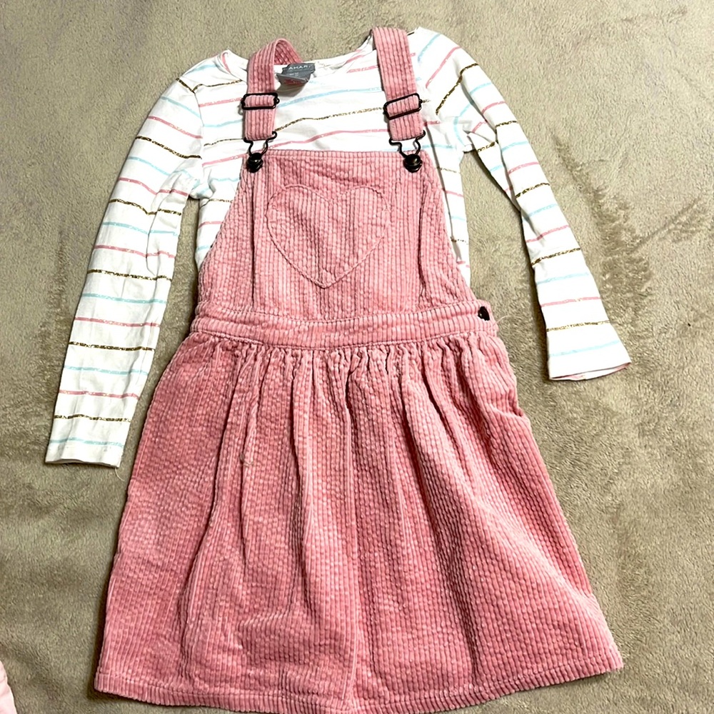 Pink corduroy skirt overalls with matching striped top set